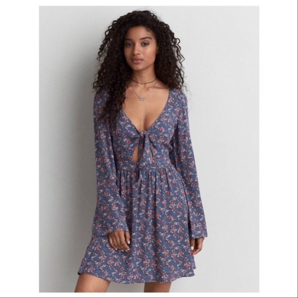 American eagle floral tie front keyhole mini dress